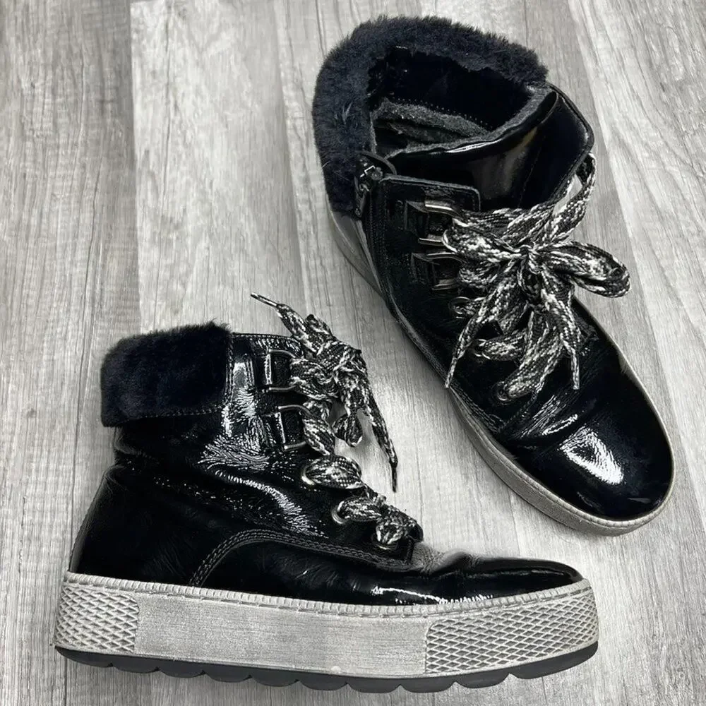 Gabor Womens Black Patent Leather Hi-Top Sneaker Boots Lace Up UK 5 US 7 1/2